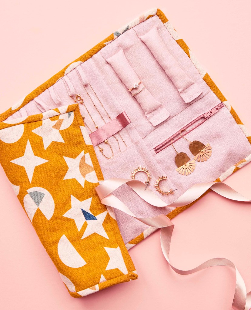 Orange and pink fabric jewellery roll